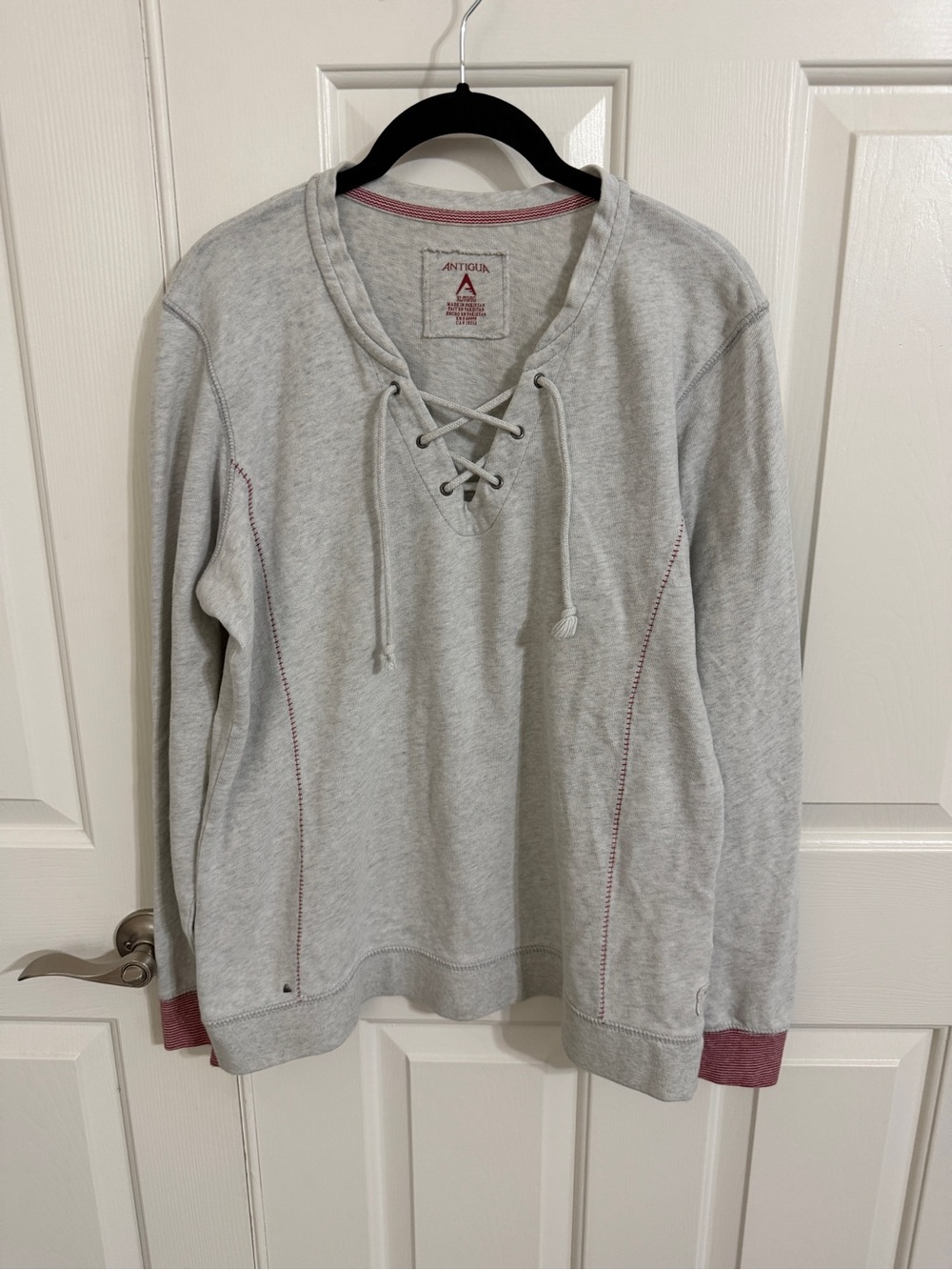Antigua XL Heather Gray Lace Up Sweatshirt Red Stitching Striped Cuffs